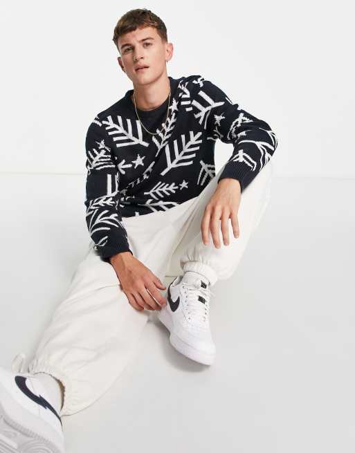 Threadbare fir print crew neck christmas jumper in navy, 4 of 4