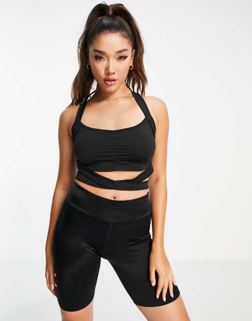 Threadbare Fitness – Czarny krótki top sportowy ze skrzyżowanymi paskami, 4 z 4