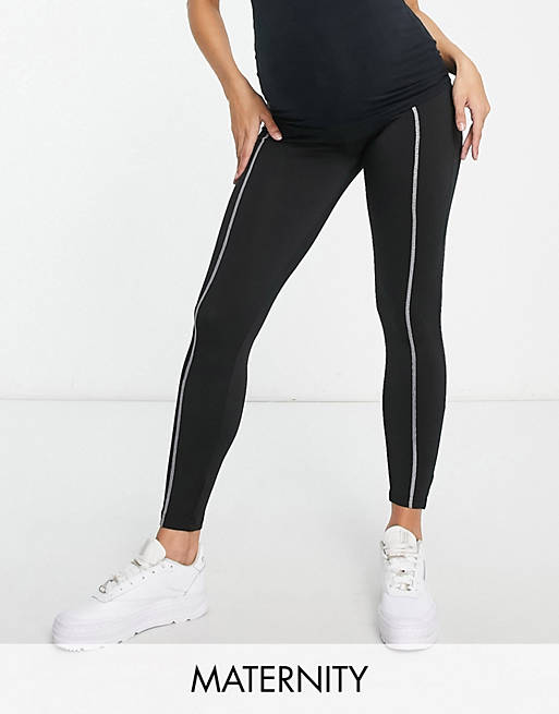 Threadbare Fitness Maternity gym leggings with contrast stitching in black
