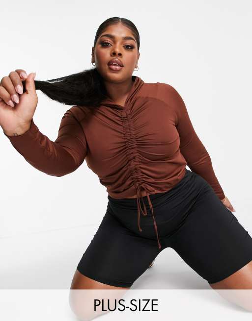 Threadbare Fitness plus ruched front cropped gym hoodie in chocolate brown