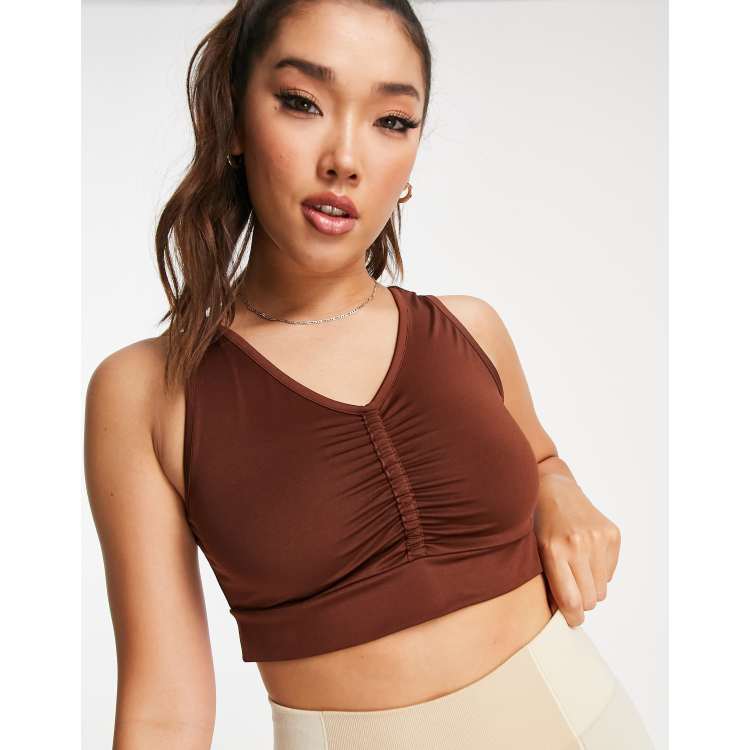 Threadbare Fitness ruched front gym crop top in chocolate brown