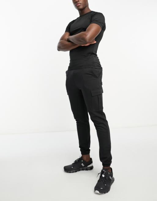 Threadbare Fitness slim fit cargo joggers in black