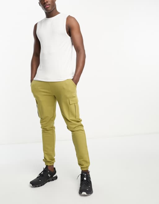 Threadbare Fitness slim fit cargo joggers in light khaki