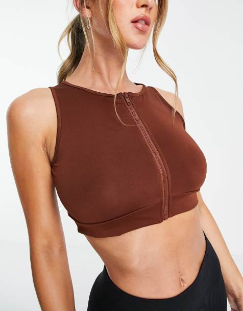 Threadbare Fitness zip front gym crop top in chocolate brown