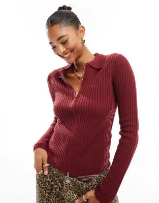 fitted zip through sweater in burgundy-Red