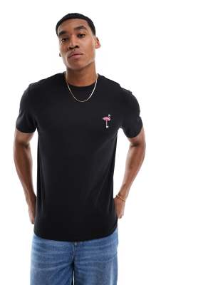 flamingo embroidery T-shirt in black