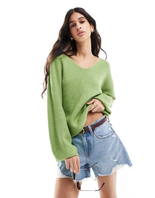 Threadbare – Flauschiger, lockerer Pullover in Grün mit V-Ausschnitt, 4 von 4