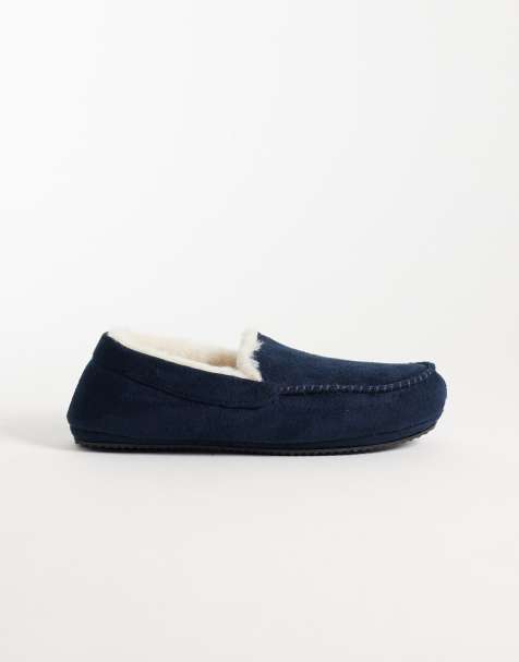 Threadbare fleece lined moccasin slippers in navy - view 1