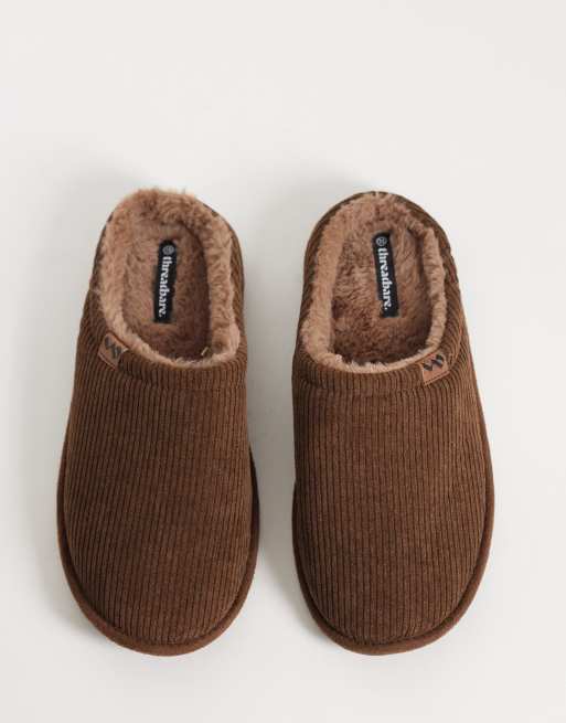 Threadbare fleece lined slip on backless slippers in brown, 2 of 4