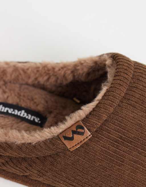 Threadbare fleece lined slip on backless slippers in brown, 3 of 4
