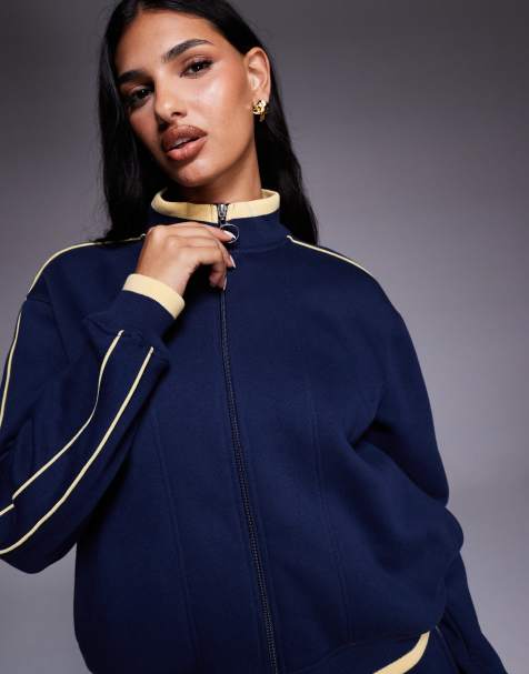 Threadbare fleece zip up track jacket in navy with yellow contrast trim - part of a set - view 1