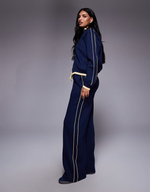Threadbare fleece zip up track jacket in navy with yellow contrast trim (part of a set), 2 of 4