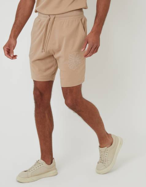 Threadbare Floral embroidered cotton sweat shorts in stone - view 1