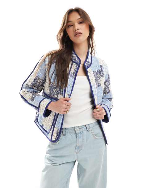 Threadbare Floral patchwork quilted jacket in blue - view 1