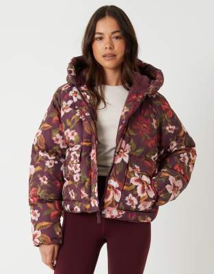 Threadbare Floral Print Hooded Padded Jacket In Red