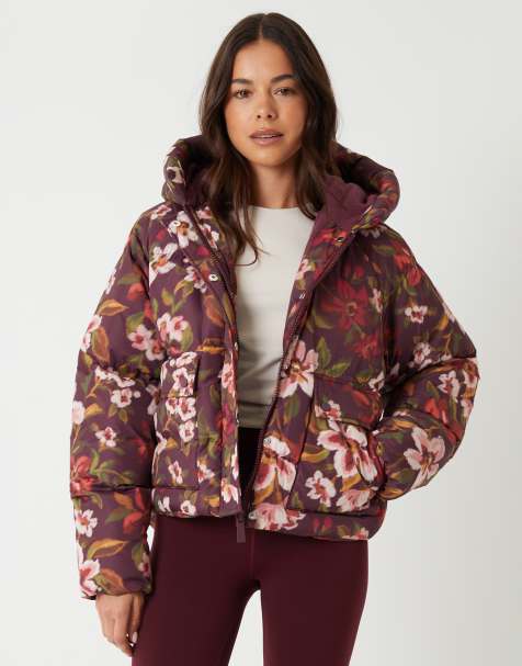 Threadbare Floral print hooded padded jacket in burgundy - view 1