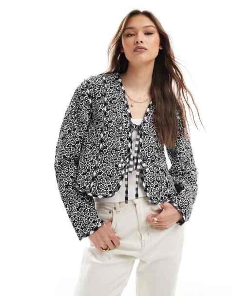 Threadbare Floral tie front reversible quilted jacket in black - view 1