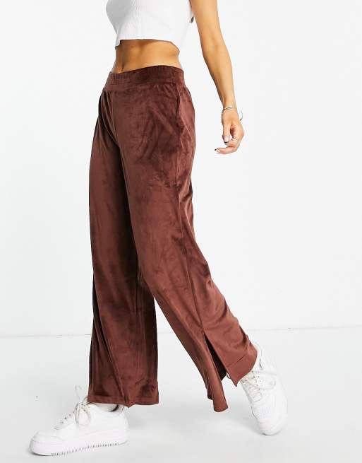 Threadbare Florida velour straight leg trousers with side split in chocolate  brown