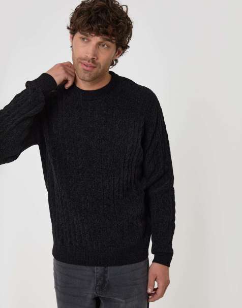 Threadbare Fluffy cable knit crew neck jumper in black - view 1