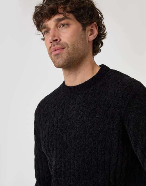 Threadbare Fluffy cable knit crew neck jumper in black, 2 of 5
