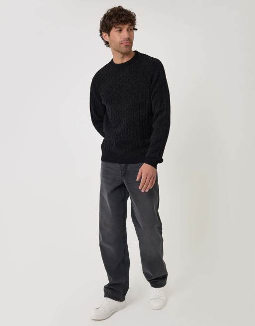 Threadbare Fluffy cable knit crew neck jumper in black, 3 of 5