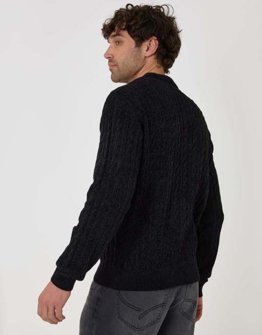 Threadbare Fluffy cable knit crew neck jumper in black, 4 of 5