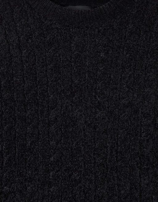 Threadbare Fluffy cable knit crew neck jumper in black, 5 of 5