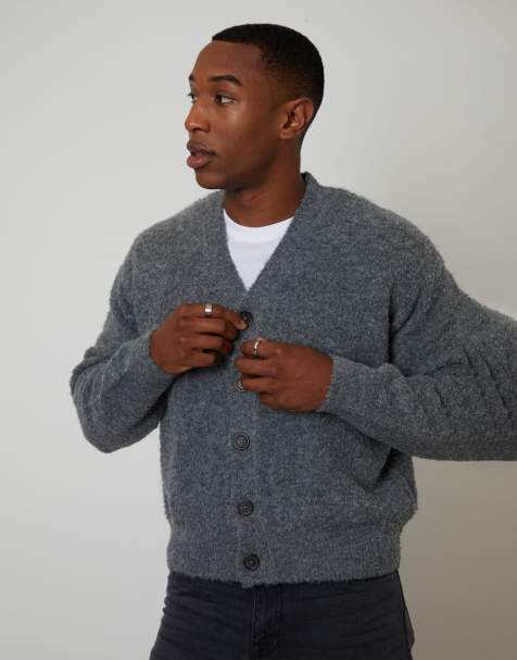 Threadbare Fluffy knitted button up cardigan in grey - view 1