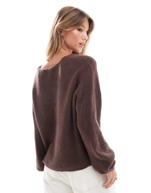 Threadbare fluffy V-neck slouchy sweater in brown, 3 of 4