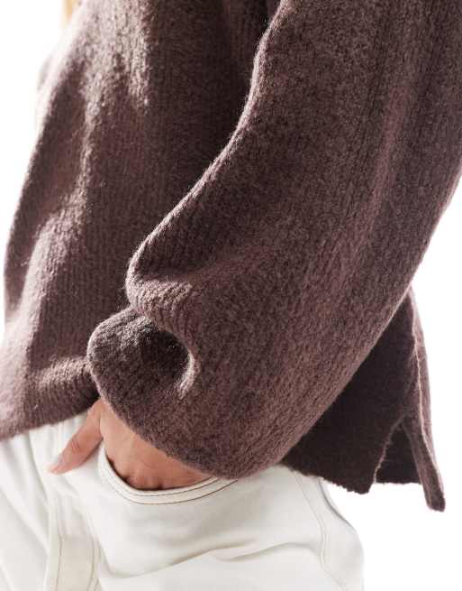 Threadbare fluffy V-neck slouchy sweater in brown, 4 of 4