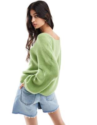 Threadbare Fluffy V Neck Slouchy Sweater In Green