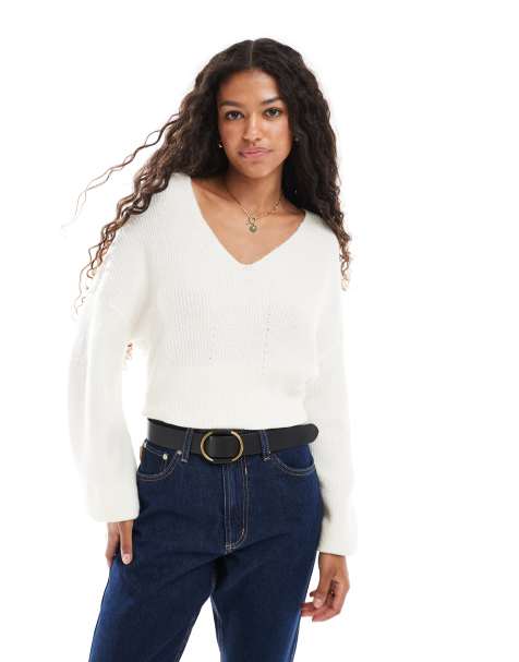Threadbare fluffy v neck slouchy sweater in off white - view 1