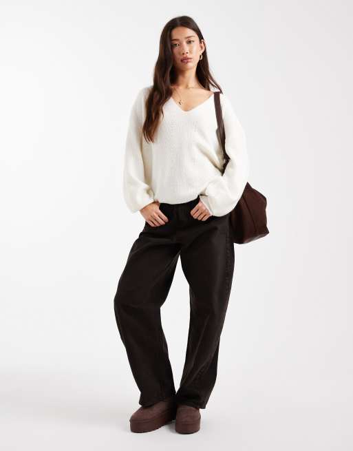 Threadbare fluffy v neck slouchy sweater in off white