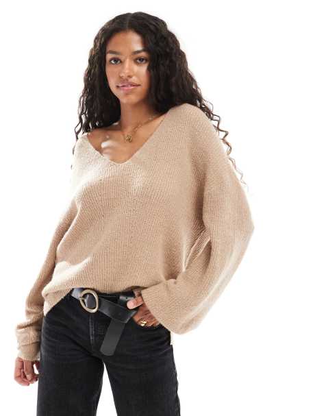 Threadbare fluffy v neck slouchy sweater in taupe - view 1