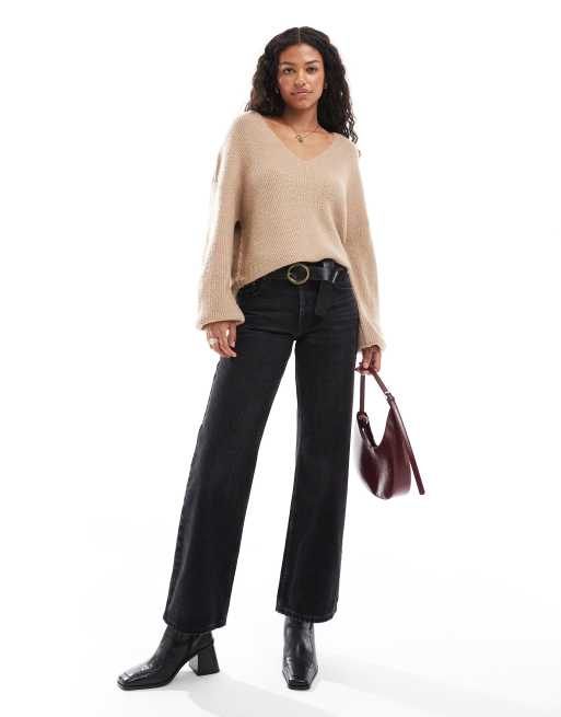 Threadbare fluffy v neck slouchy sweater in taupe