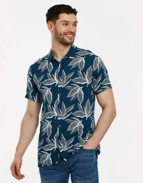 Threadbare 'foliage' leaf print short sleeve shirt in navy - view 1