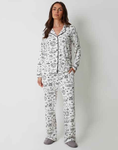 Threadbare Food print long button-through christmas pyjamas (2-piece set) in white - view 1