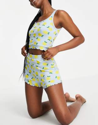 Threadbare frilly crop top and shorts pyjama set in blue lemon print