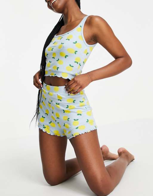 Threadbare frilly crop top and shorts pyjama set in blue lemon print | ASOS