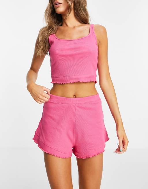 Threadbare frilly crop top and shorts pyjama set in pink ASOS