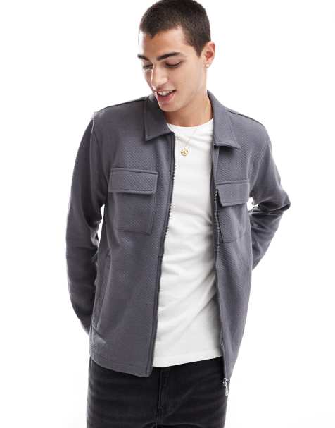 Threadbare full zip textured overshirt in grey - view 1