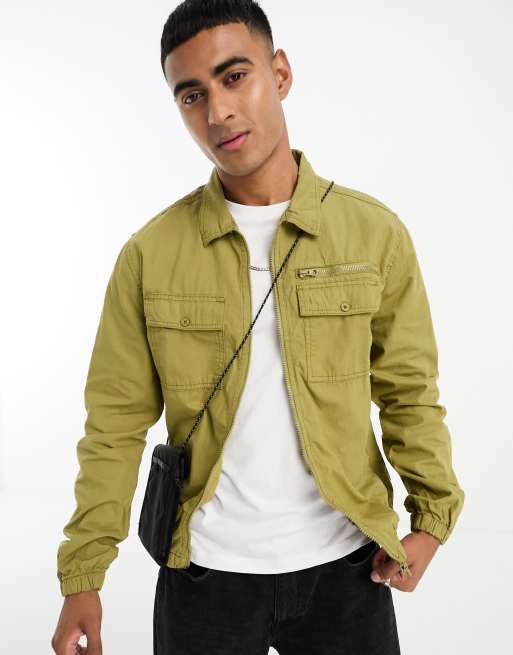 Threadbare full zip twin pocket shacket in olive | ASOS