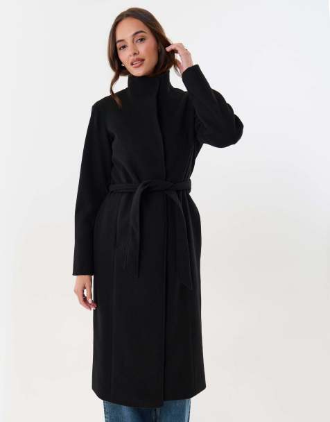 Threadbare Funnel neck belted longline jacket in black - view 1