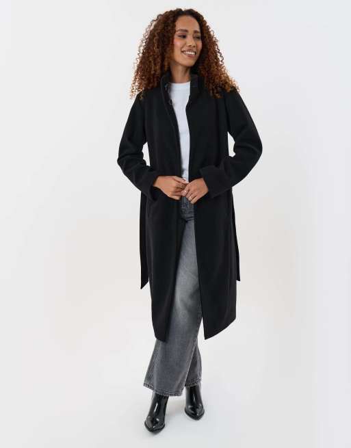 Threadbare Funnel neck belted longline jacket in black, 2 of 4