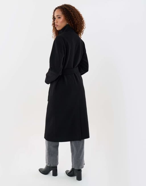 Threadbare Funnel neck belted longline jacket in black, 4 of 4