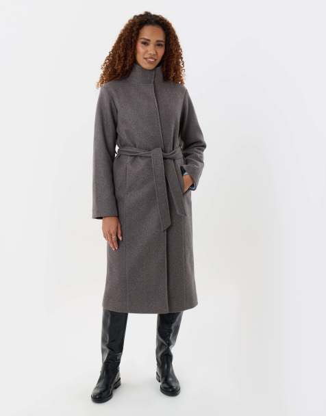 Threadbare Funnel neck belted longline jacket in charcoal grey - view 1