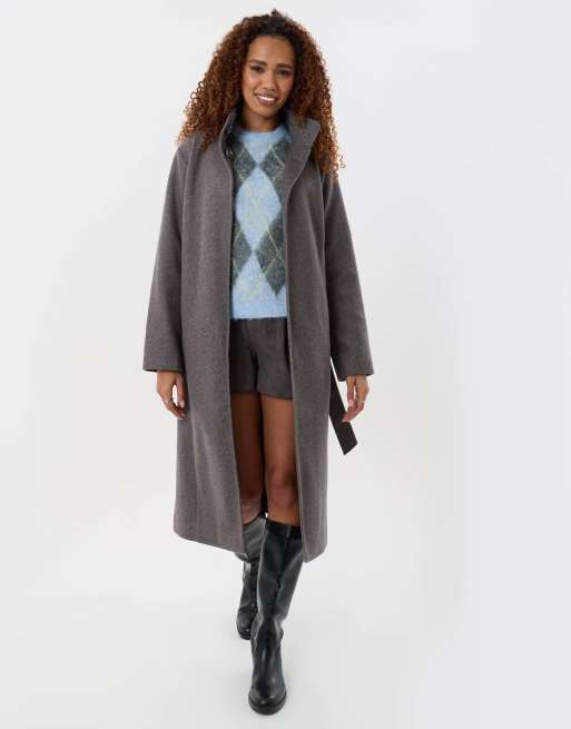 Threadbare Funnel neck belted longline jacket in charcoal grey, 2 of 4
