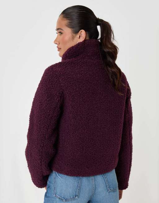 Threadbare Funnel neck borg bomber jacket in plum, 2 of 5