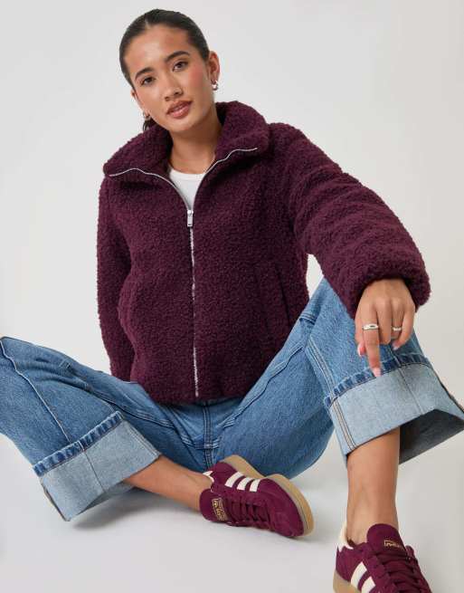 Threadbare Funnel neck borg bomber jacket in plum, 4 of 5