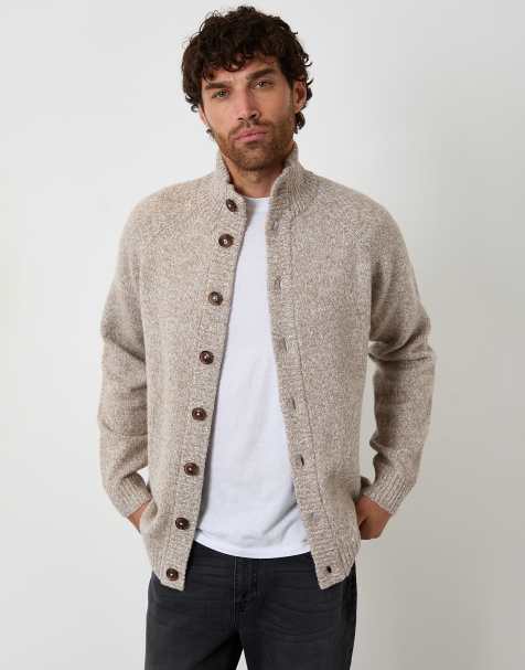 Threadbare Funnel neck button up knitted cardigan with wool in stone - view 1